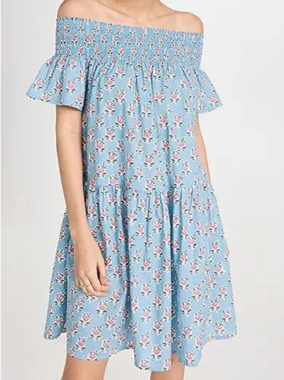 MAREA Louise Shortie Dress Off Shoulder Light Blue Block Print dress - S